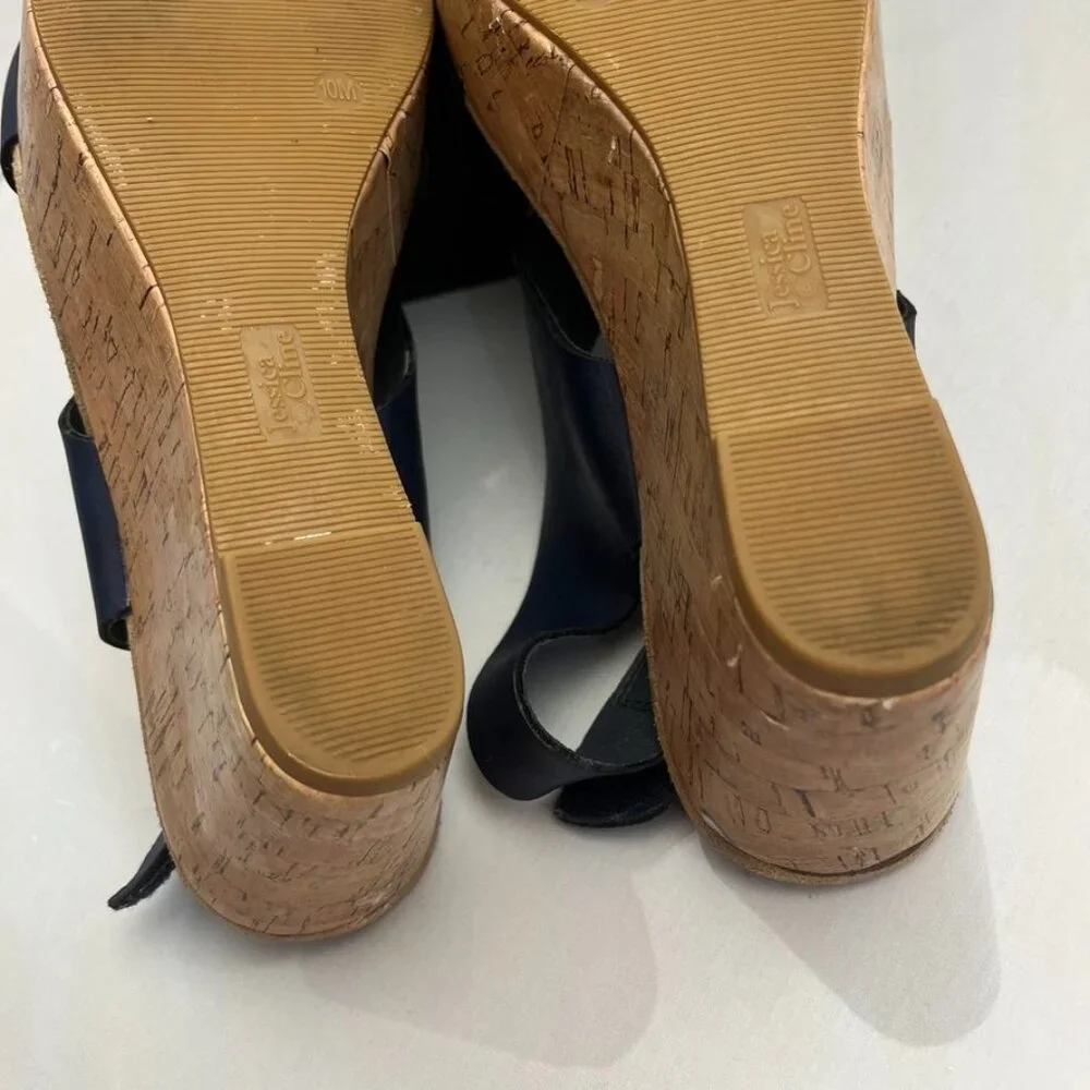 Jessica Cline Dreamer Wedge Slingback Sandals Navy Cork Print 10M